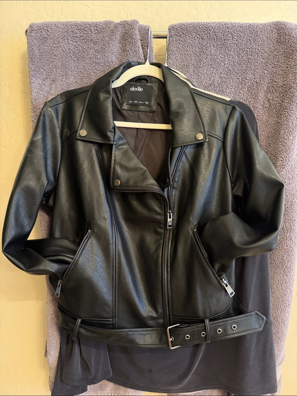 Elodie Black Faux Leather Moto Jacket with Belted Hem